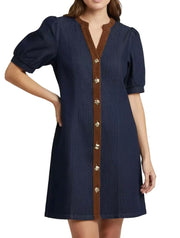 Corduroy and Denim Gold Button Dress