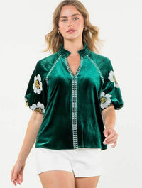 Embroidered Detail Velvet Puff Sleeve Top