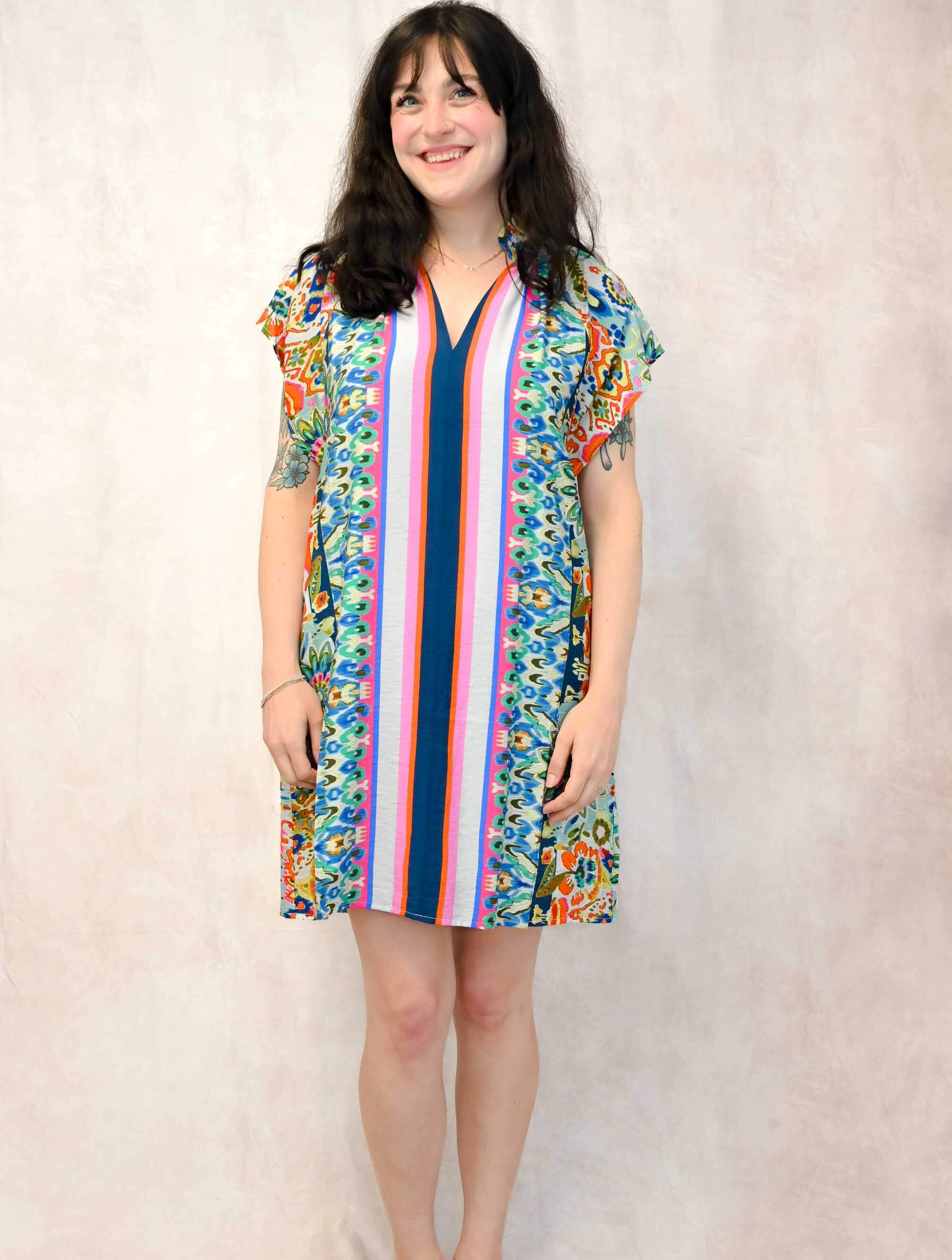 Short Sleeve Multi Patterned Dress