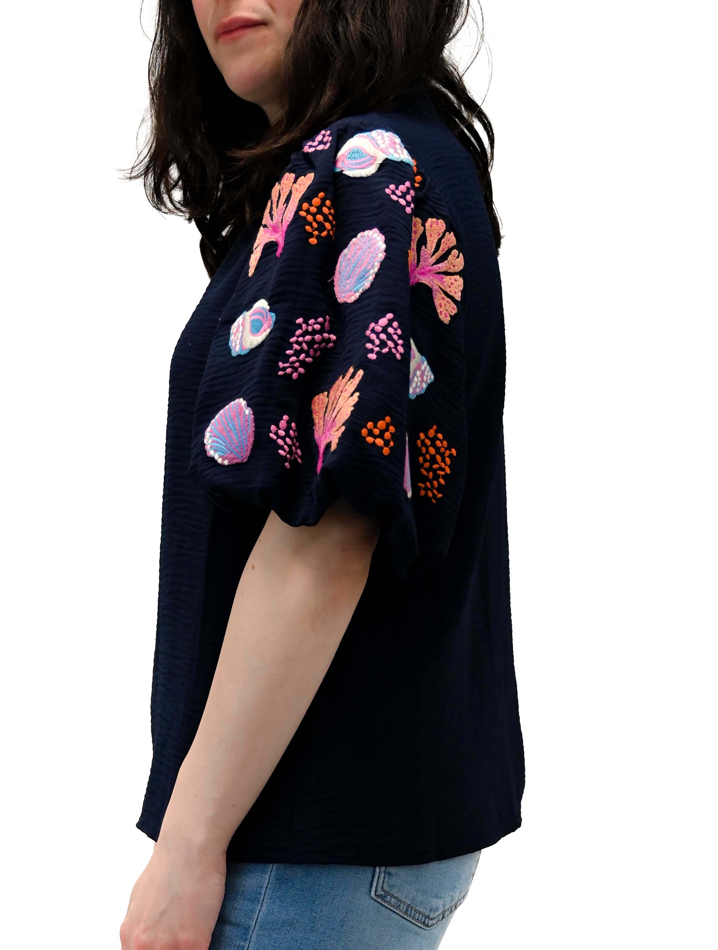Embroidered Puff Sleeve Top in Navy