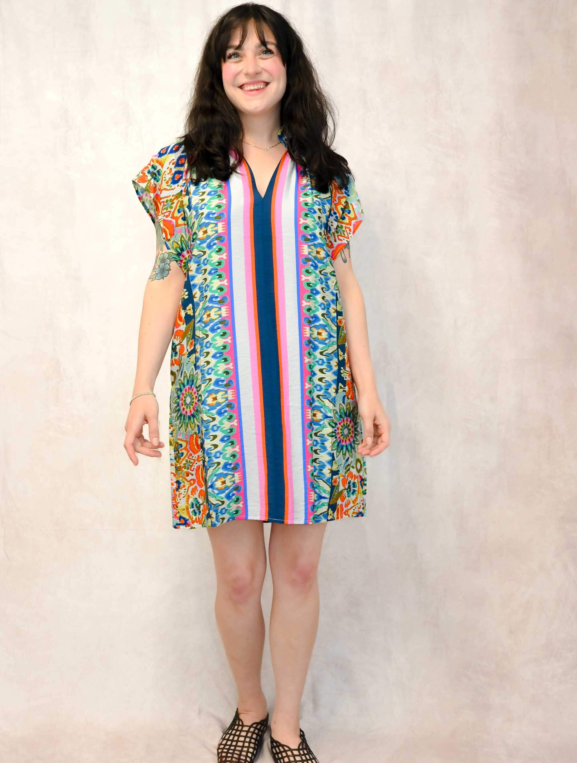 Short Sleeve Multi Patterned Dress