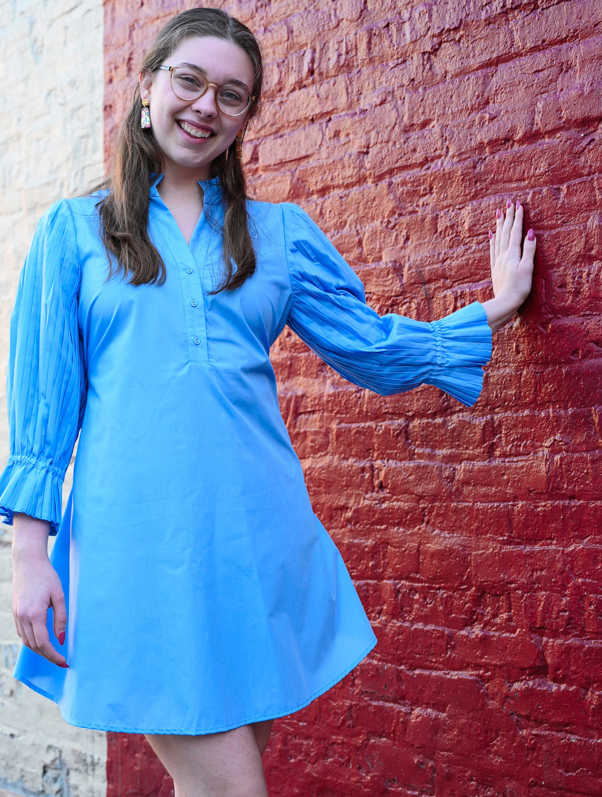 Poplin Pleated Detail Dress in Light Blue