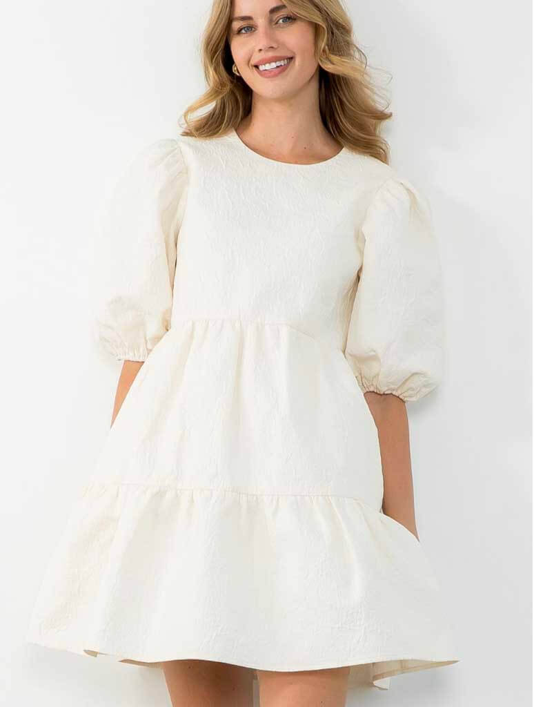 Puff Sleeve Textured Dress in Cream