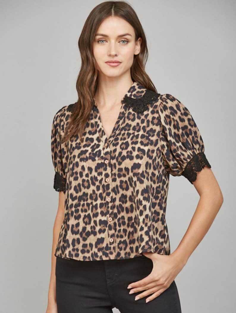 Lace Trimmed Animal Print Blouse