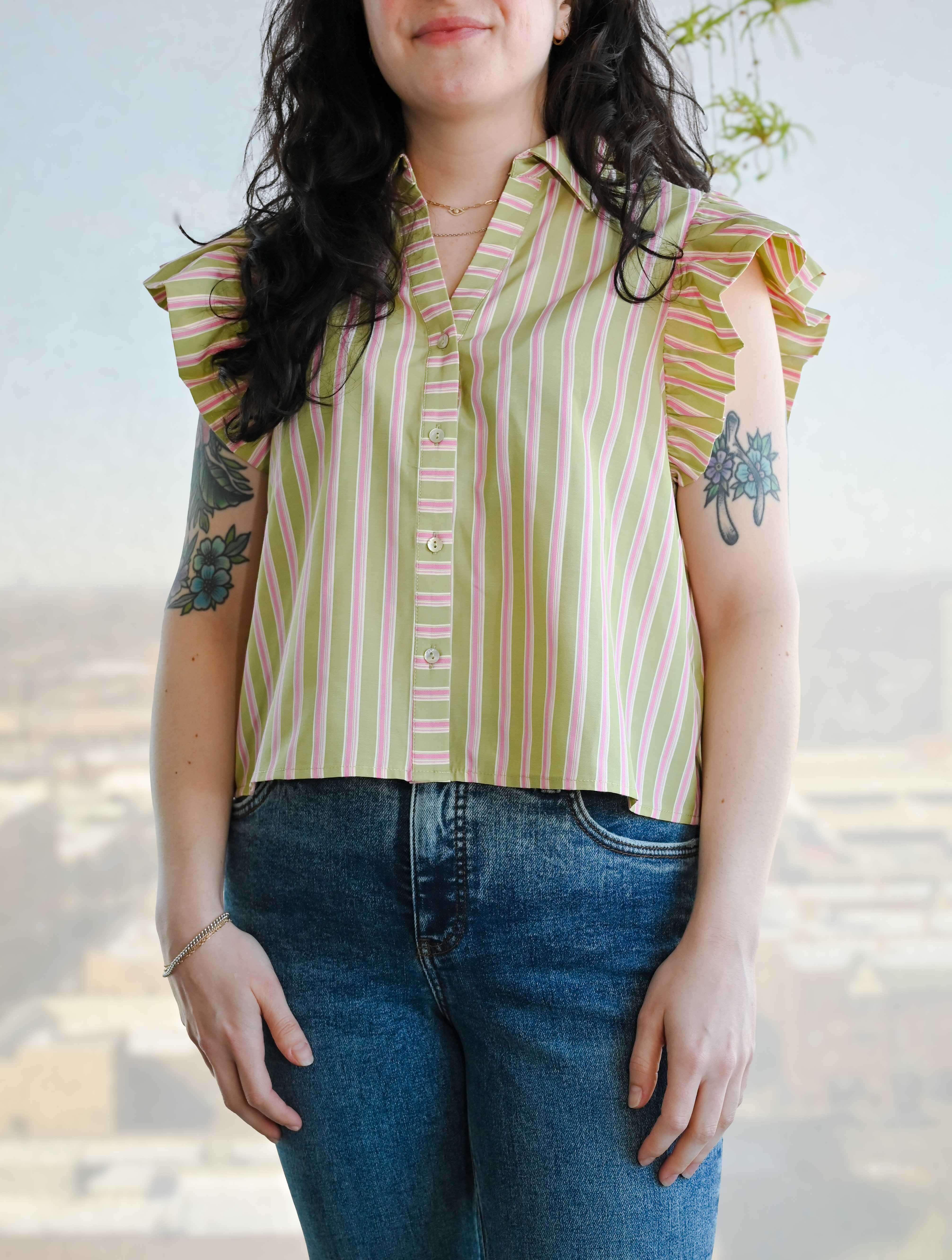 Flutter Sleeve Striped Button Top