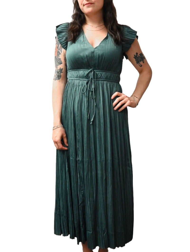 V-Neck Pleated Tie Waist Midi Dress (Final Sale)