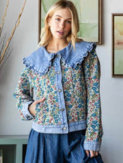 Vintage Jacquard Ruffle Collar Denim Jacket