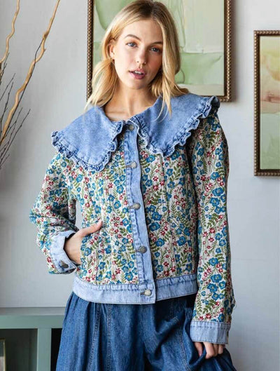 Vintage Jacquard Ruffle Collar Denim Jacket