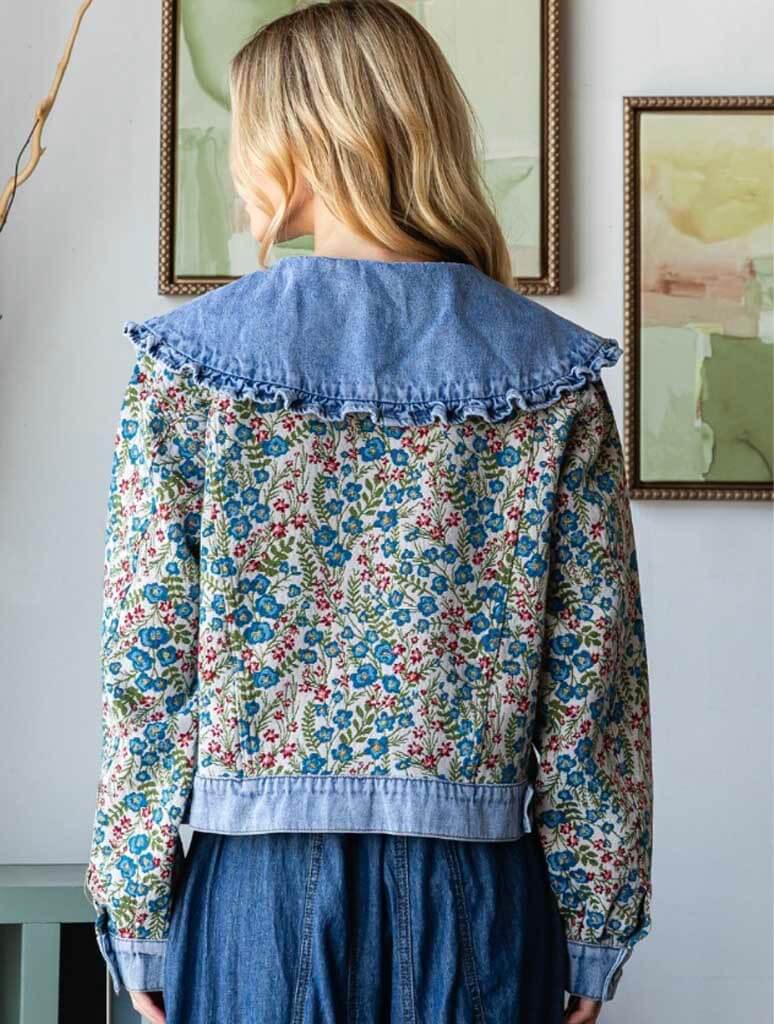 Vintage Jacquard Ruffle Collar Denim Jacket