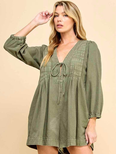 V-Neck Puff Sleeve Denim Romper