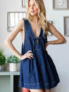 Pleated V-Neck Sleeveless Denim Romper