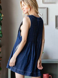 Pleated V-Neck Sleeveless Denim Romper