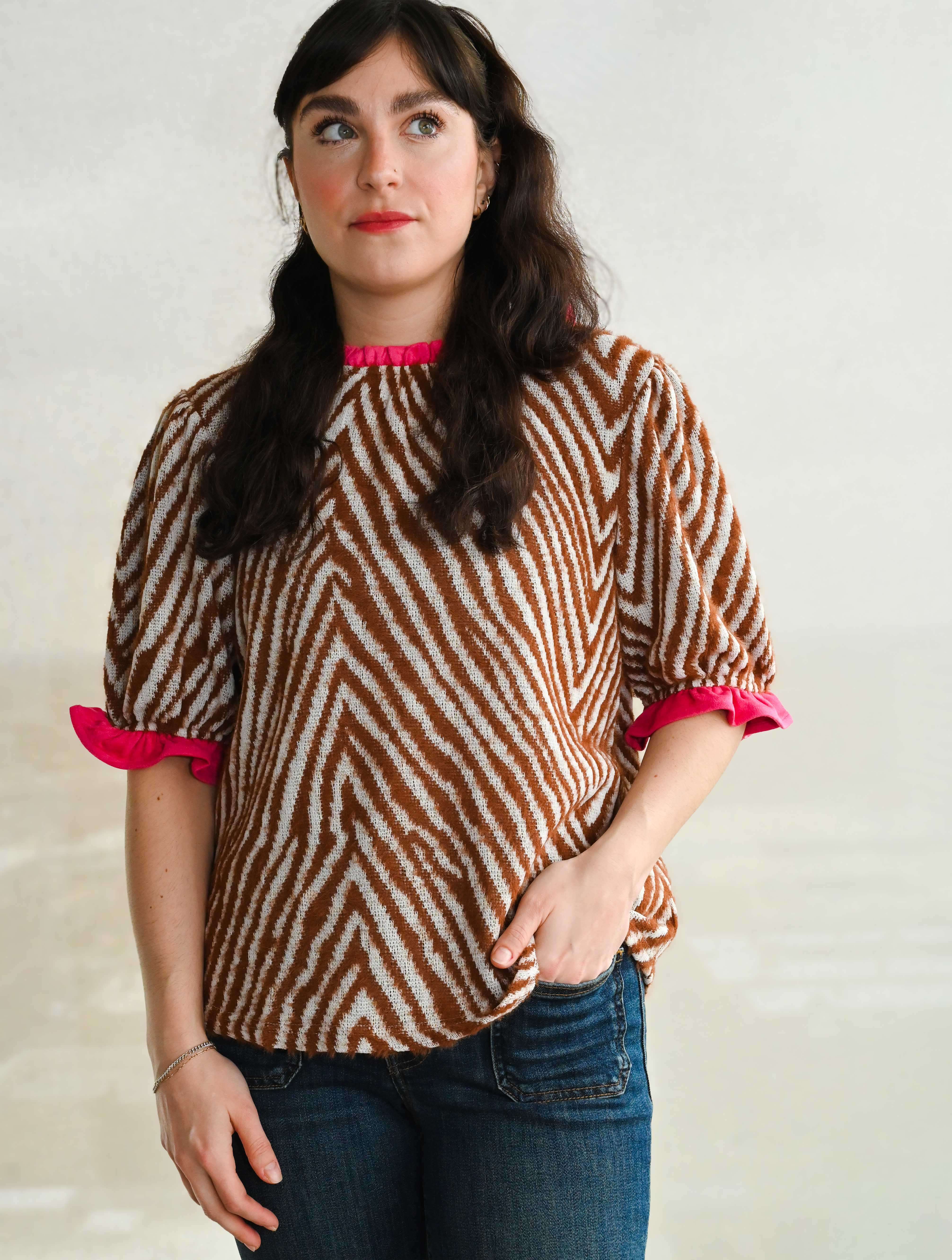 Contrast Ruffle Animal Printed Faux Fur Top