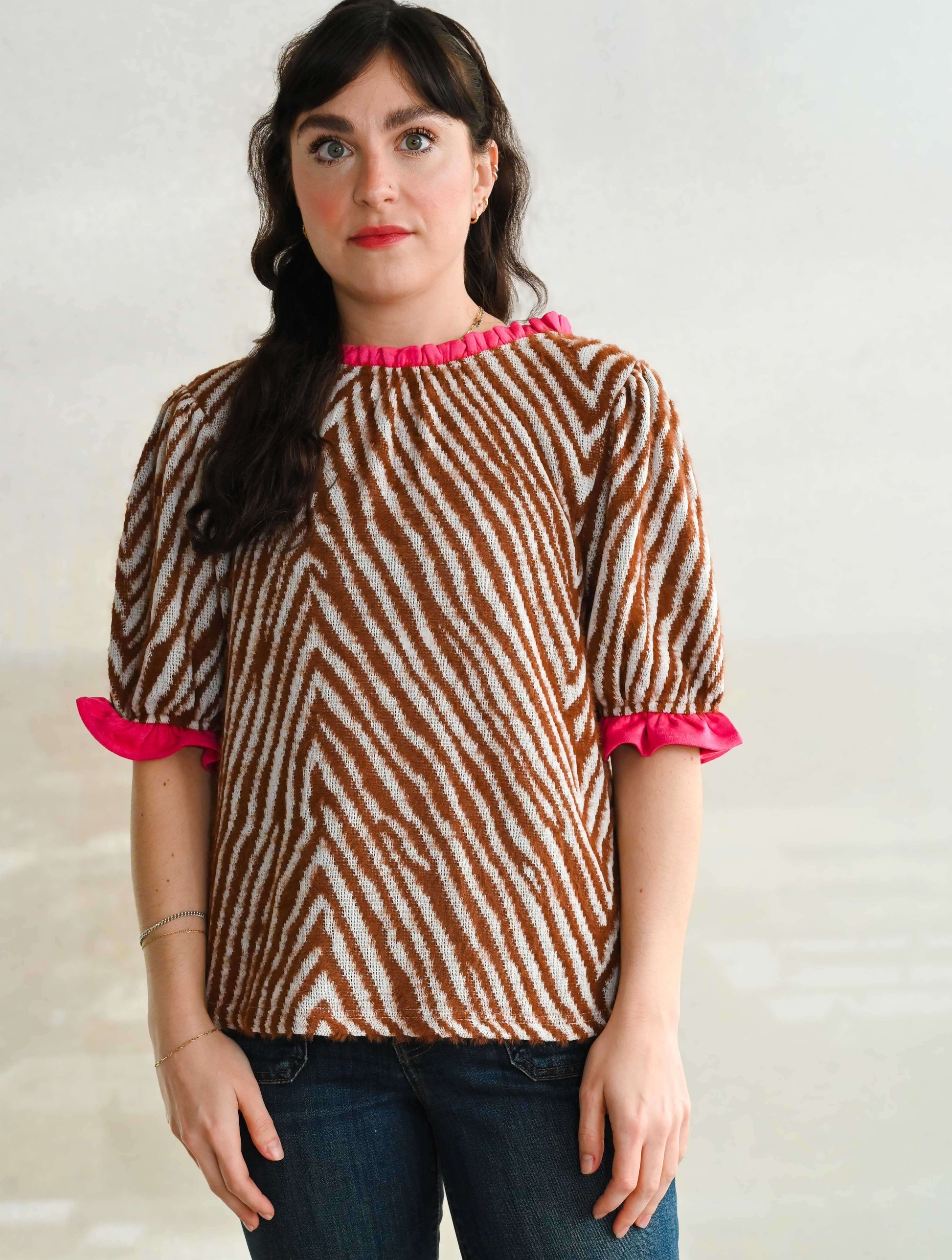 Contrast Ruffle Animal Printed Faux Fur Top