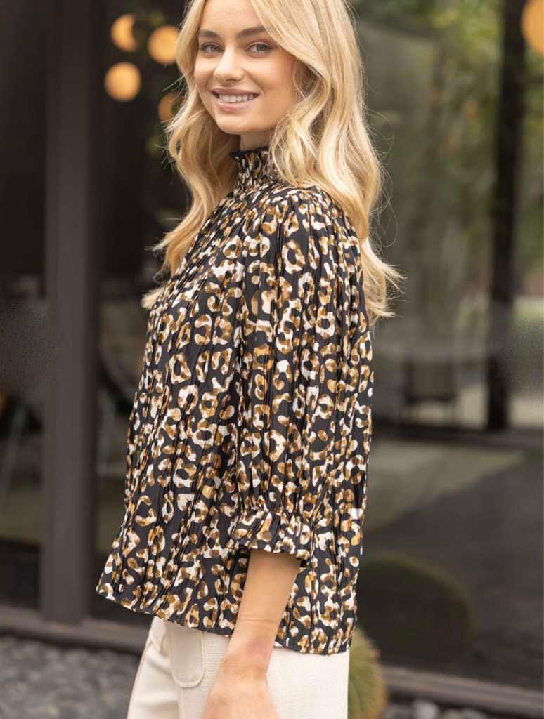 Smocked Mock Neck Pleated Leopard Top