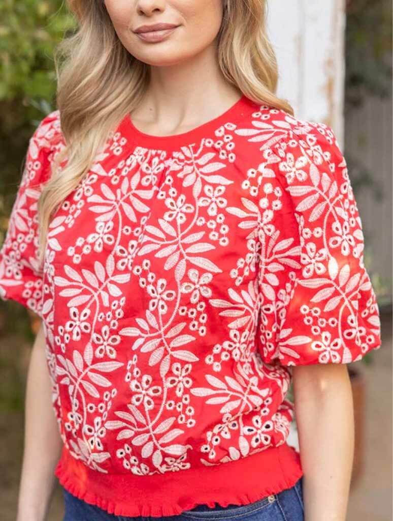 Leaf Embroidered Eyelet Bubble Sleeve Top