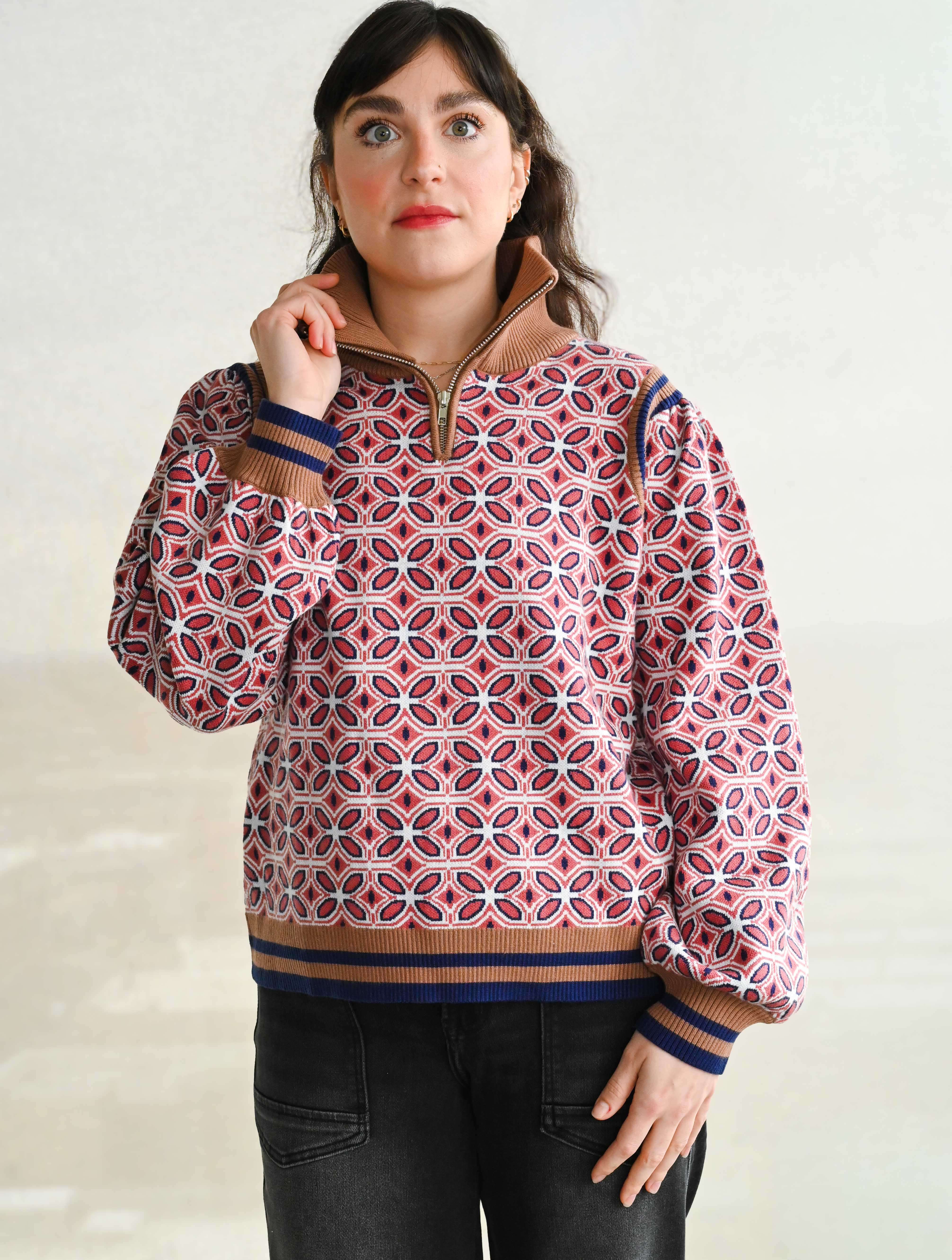 Zippered High Neck Striped Rib Band Sweater