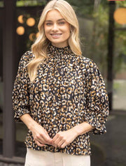 Smocked Mock Neck Pleated Leopard Top