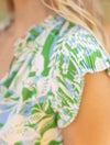 Pleated Sleeve V-Neck Print Top in Green