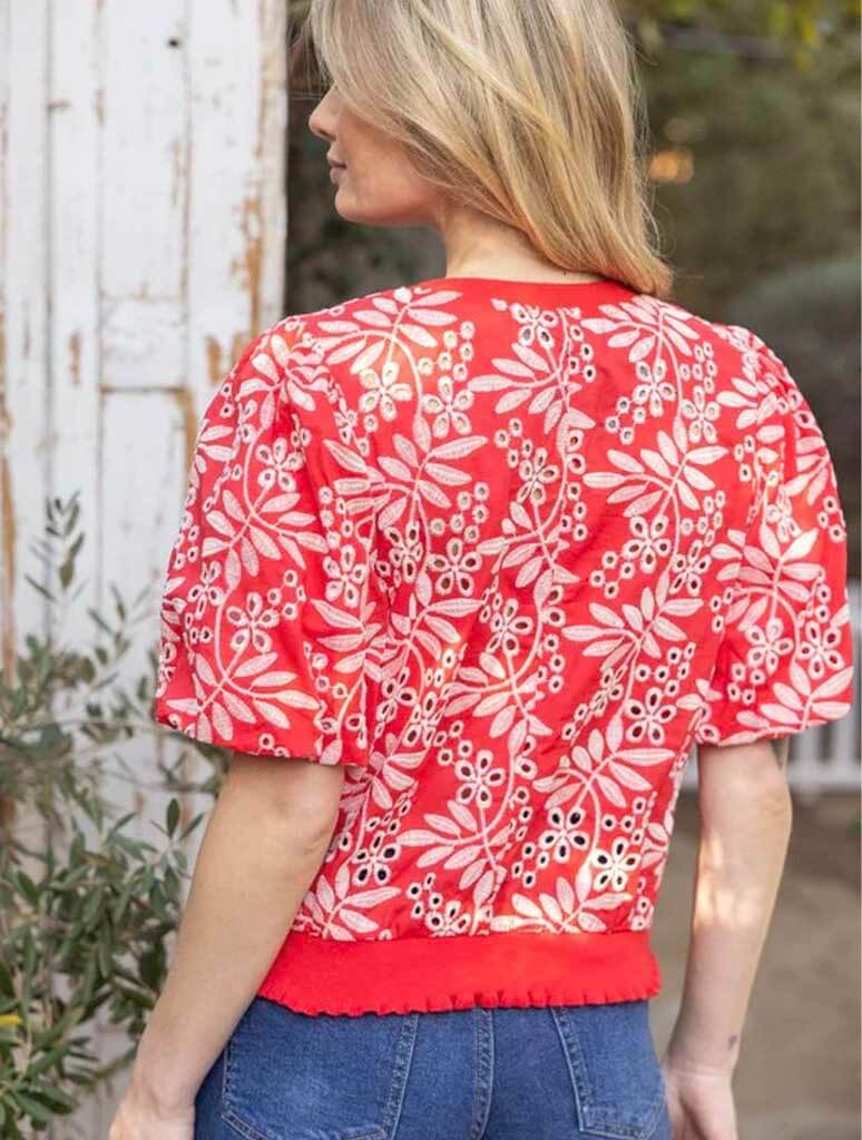 Leaf Embroidered Eyelet Bubble Sleeve Top