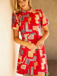 Bubble Sleeve Printed Swing Dress in Red