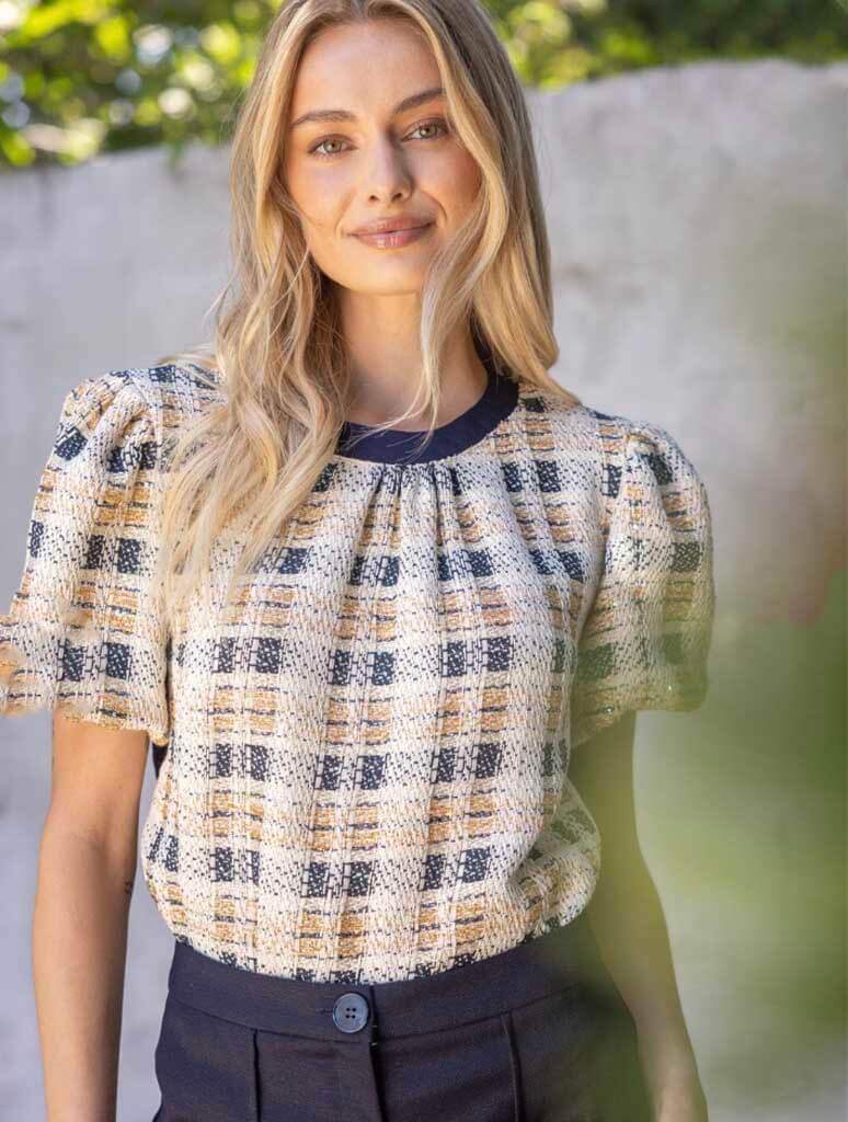 Tweed Bubble Sleeve Contrast Back Top