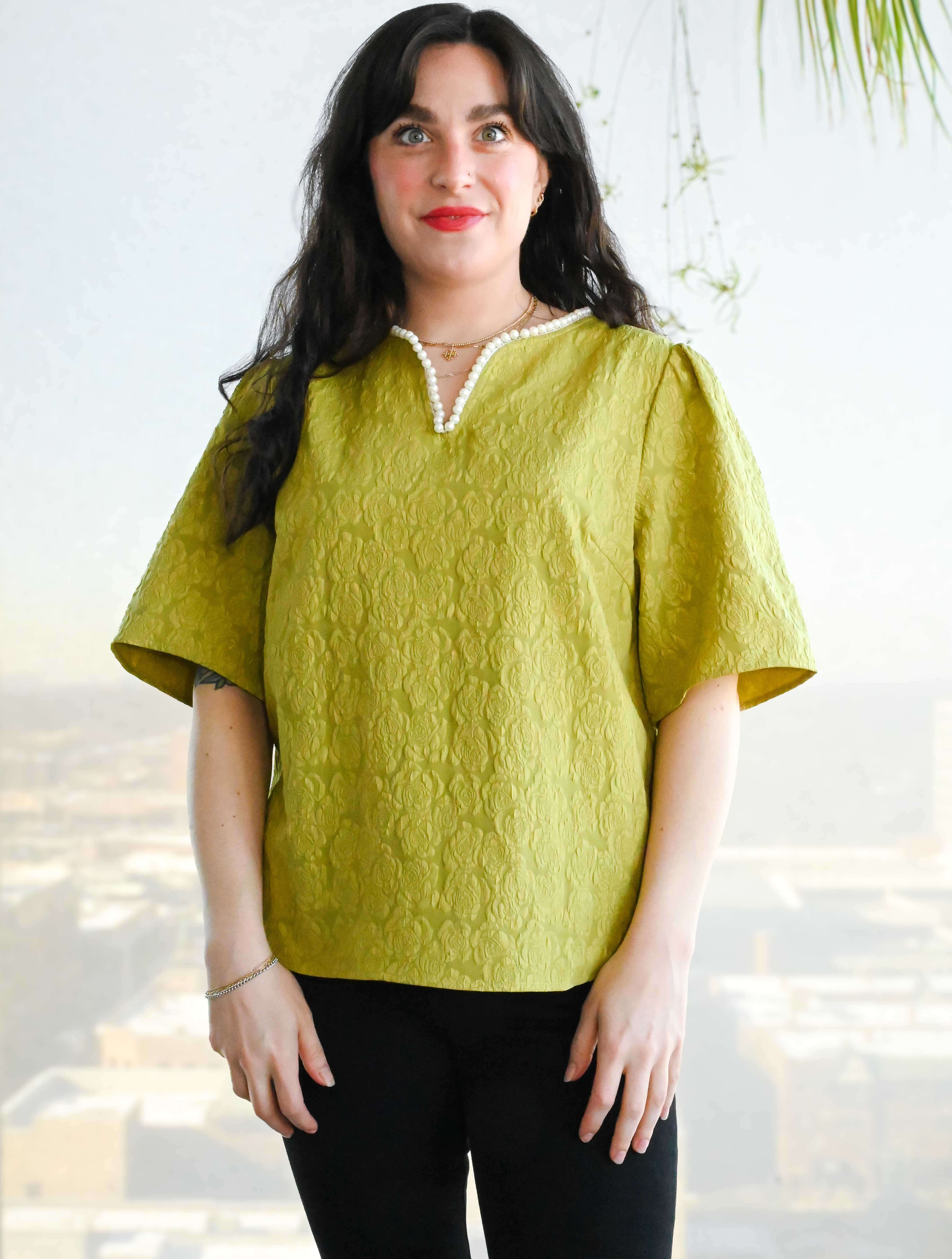 Pearl Collared V-Neck Floral Textured Top