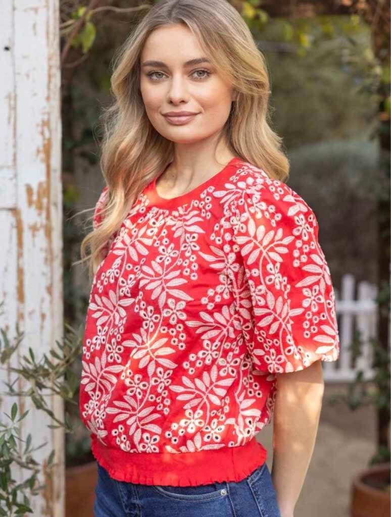 Leaf Embroidered Eyelet Bubble Sleeve Top
