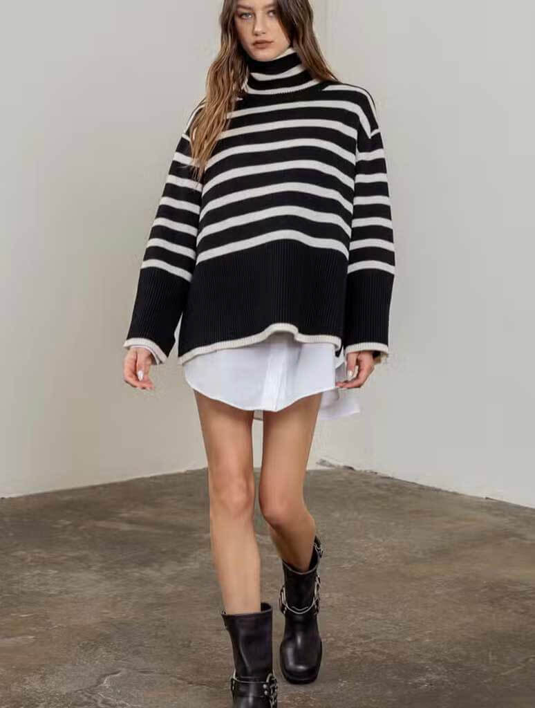 Striped Turtleneck Knit Sweater in Black