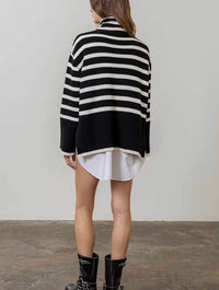 Striped Turtleneck Knit Sweater in Black