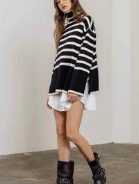 Striped Turtleneck Knit Sweater in Black