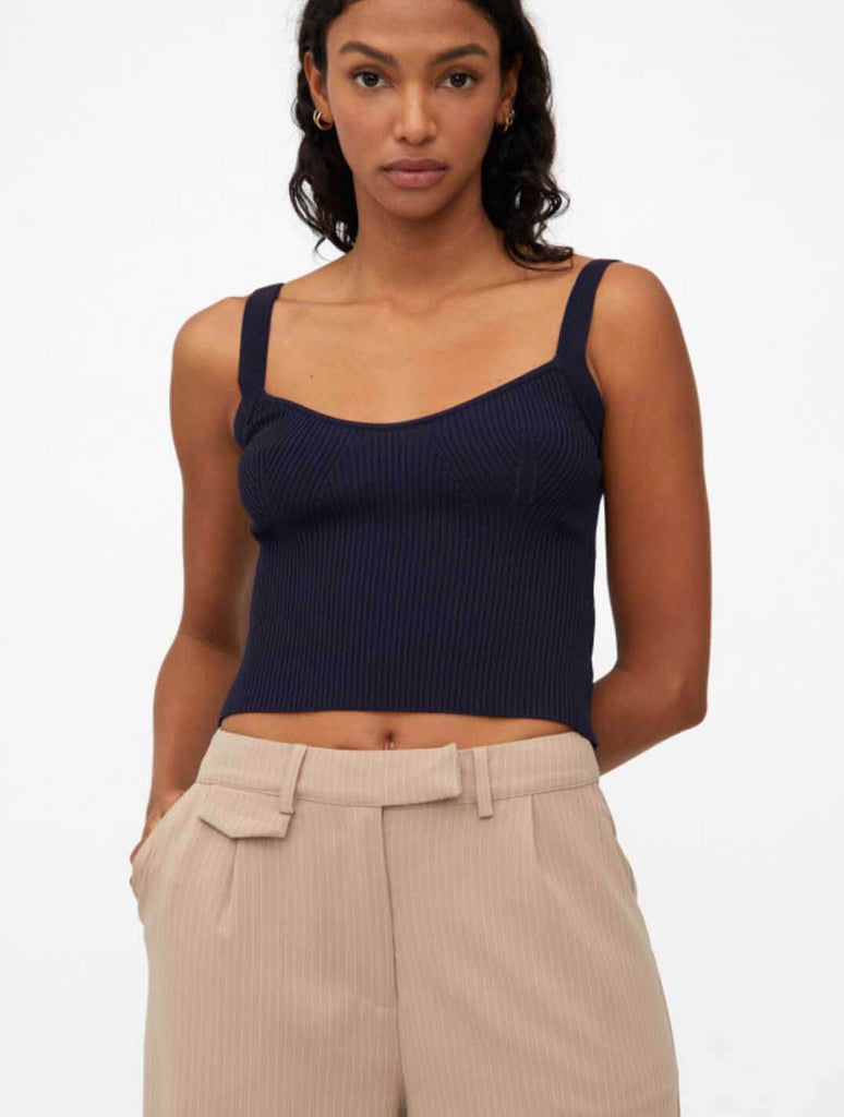 Strappy Ribbed Top in Navy Blue