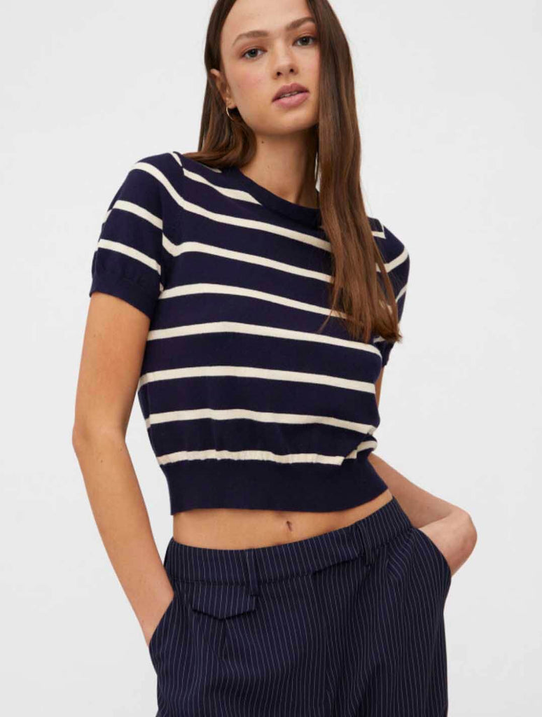 Stripe Knit Short Sleeve Top in Navy Blue