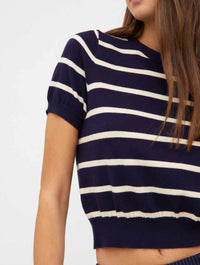 Stripe Knit Short Sleeve Top in Navy Blue