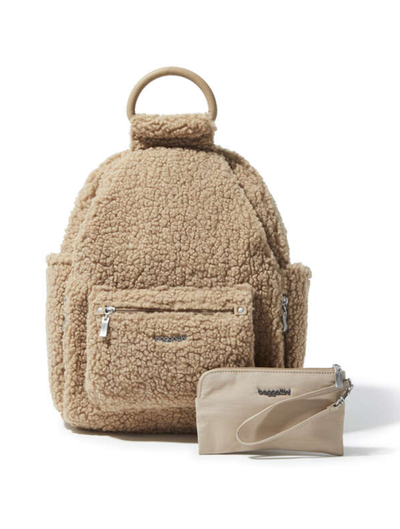 Baggallini All Day Backpack with RFID Phone Wristlet in Taupe Faux Shearling