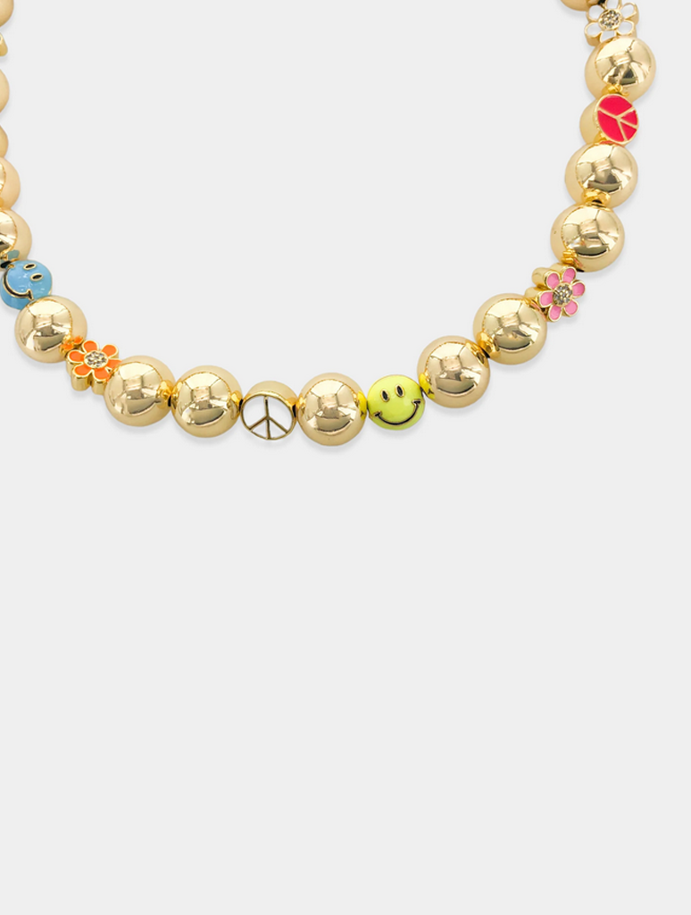 Beaded Chain With Enamel Charms Necklace in Gold