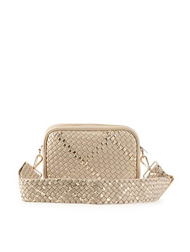 Haute Shore Drew Buff Woven Crossbody in Beige Gold Metallic