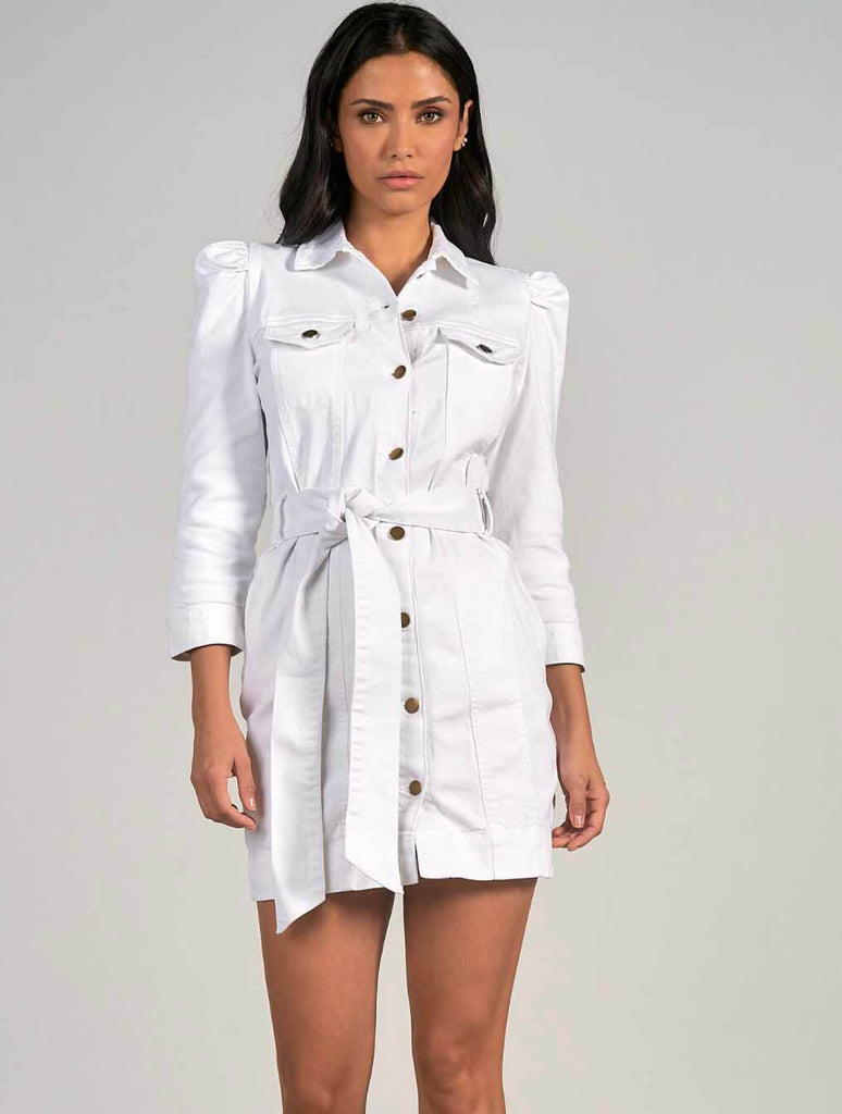 Button Up Long Sleeve Denim Dress in White