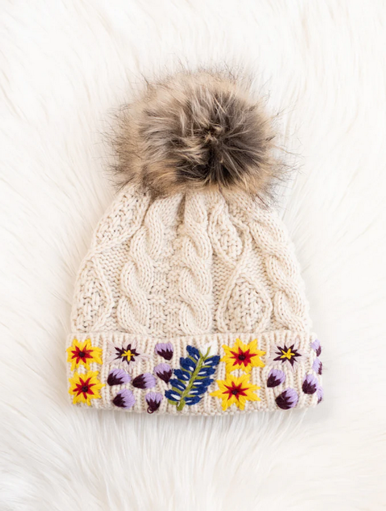 Pom Pom Hat with Floral Cuff in Beige