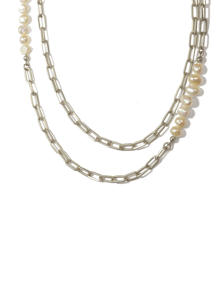Double Pearl Chain Necklace in Silver