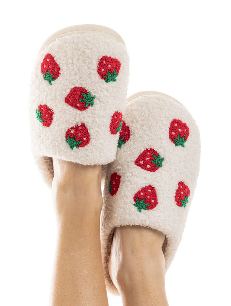 Strawberry Fuzzy Slippers in White