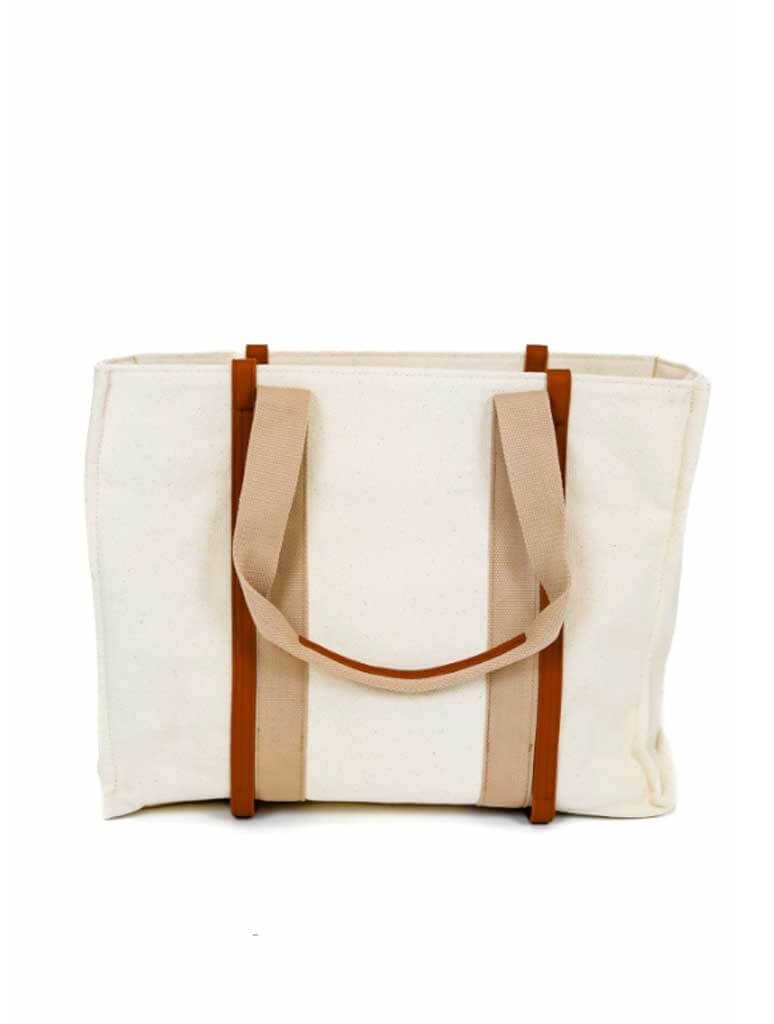 Large Canvas Tote With Leather Accents in Cognac