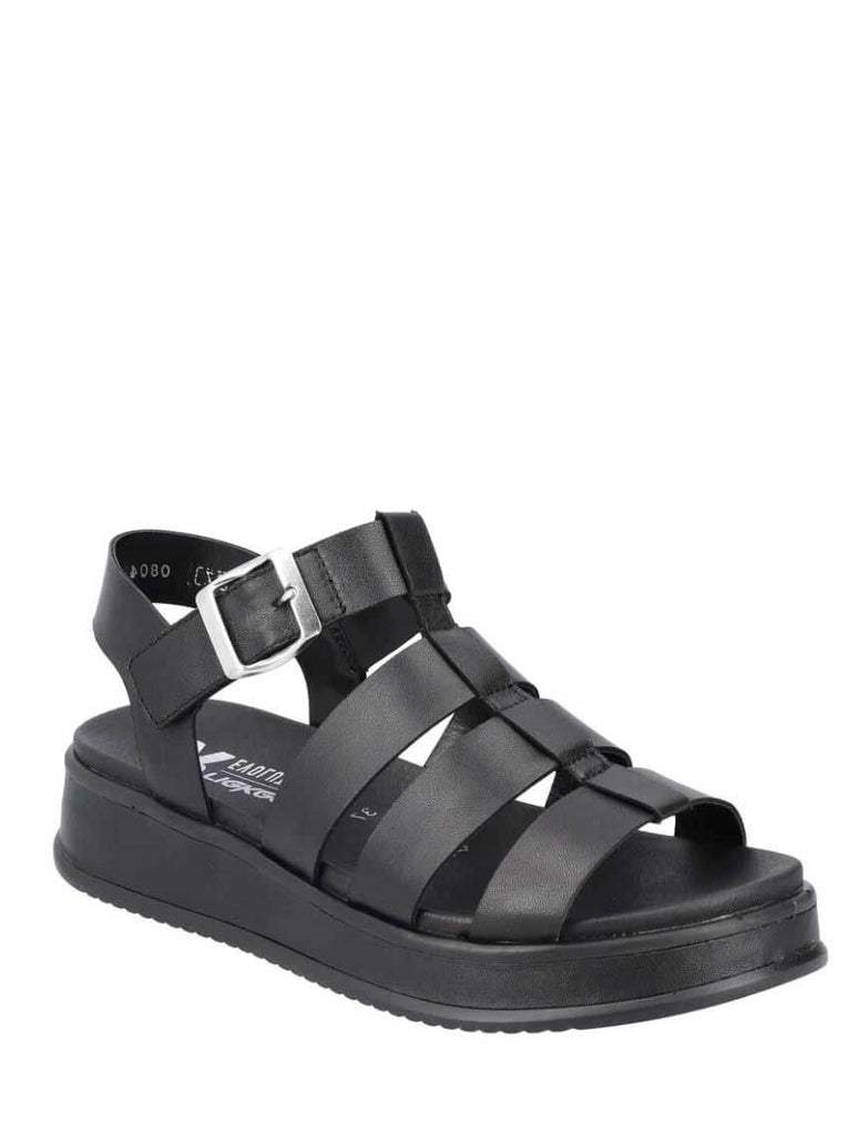 Rieker W0804-00 Meg Leather Buckle Sandal in Black 644403874549